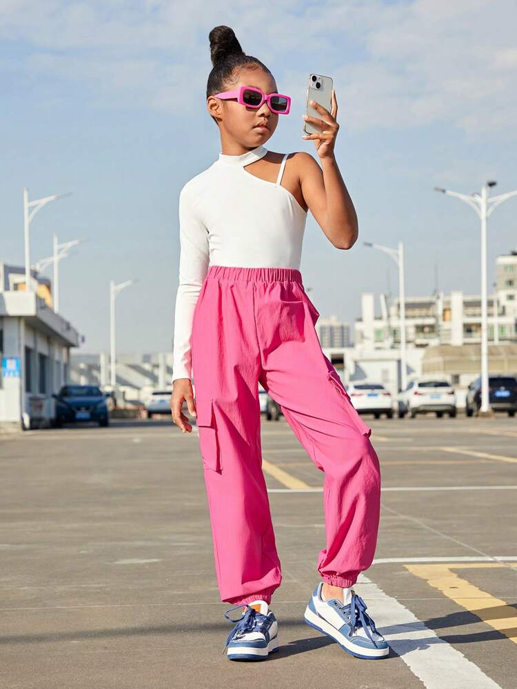 Tween Girls Casual Knitted Plain One Shoulder Long Sleeve Top With Elastic Cuffs And Tied Feet Overalls Trousers