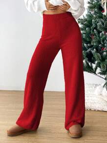 SHEIN EZwear 高腰直筒針織褲 - 紅色 - 查看 5