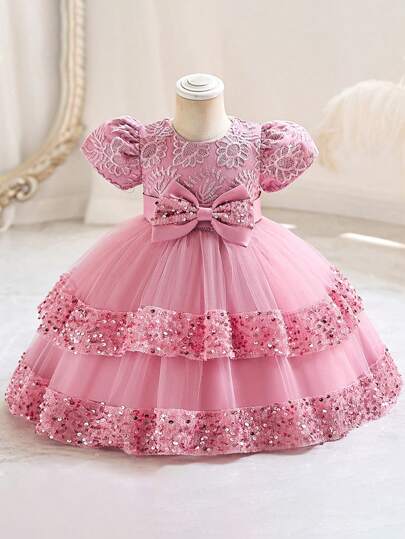 H HIBOBI 嬰兒女寶寶短袖刺繡閃亮蝴蝶結公主裙，適用於所有季節