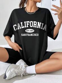 SHEIN EZwear Women's Loose Fit Short Sleeve T-shirt With Letter Print - Black - View 1