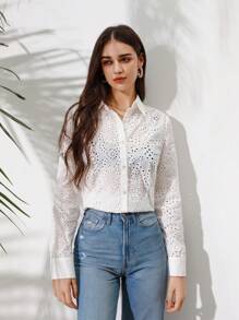 Aveloria Women's Button Down Long Sleeve Shirt With Hollow Out Embroidered Detail - White - View 4