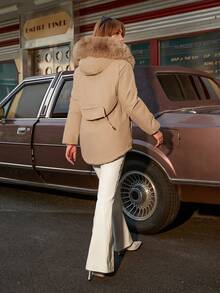 休闲经典黑色抽绳腰部加厚外套前拉链口袋连帽毛领宽松日常装女士秋冬装 - 卡其色 - 查看 2