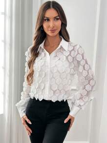 SHEIN Privé 3d織物網眼薄紗衬衫 - 白色 - 查看 6