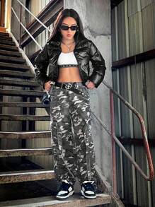 SHEIN EZwear 拉链短款 PU 皮革夹棉大衣 - 黑色 - 查看 6