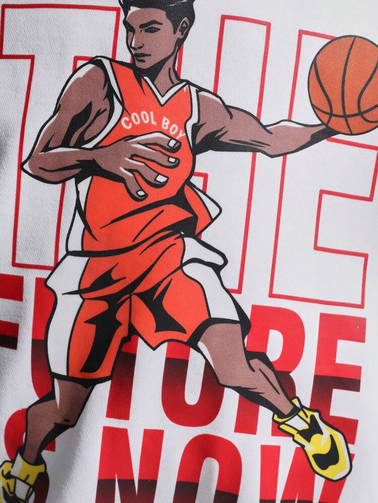 2pcs/Set Cartoon Print Hoodie And Solid Color Sweatpants Outfit, Thickened Fleece, For Tween Boys