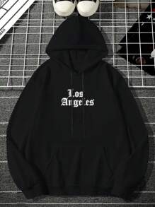 Manfinity LEGND 男裝加大碼字母印花帽衫,帶有袋袋和束口 - 黑色 - 查看 3