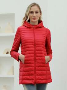 Zip Up Hooded Down Coat - Red - View 1