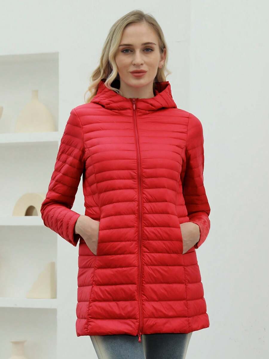 Zip Up Hooded Down Coat - Red - View 1