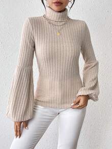 SHEIN Privé Của phụ nữ Màu thuần Cổ áo cao Tay áo lồng đèn Áo thun - Màu Khaki - Xem 4