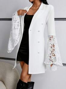 SHEIN Privé Phong cách Preppy Mảnh Lace Bùng nổ Tay áo Đôi ngực Váy blazer - trắng - Xem 4