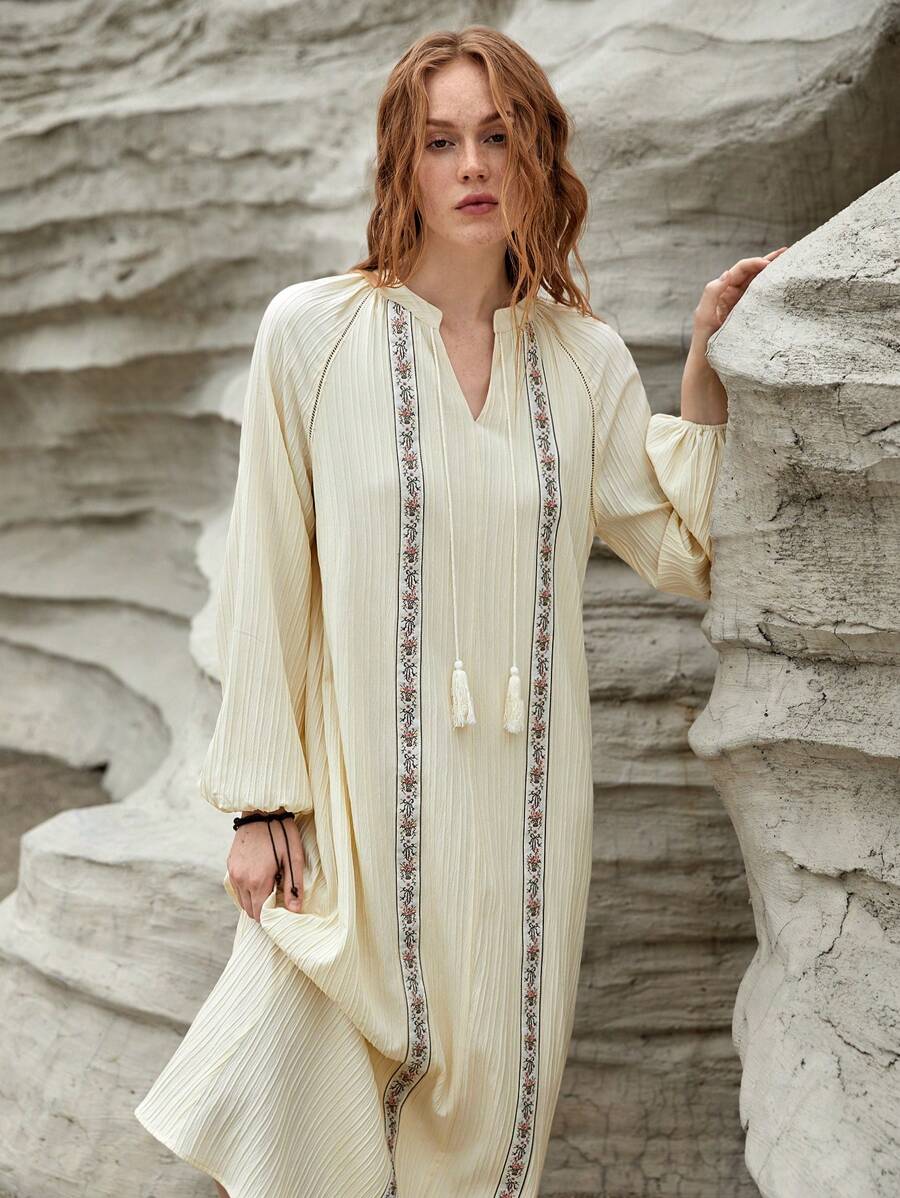 Bohemela 女用寬鬆休閒缺口領流蘇飾邊刺繡梭織洋裝 - 白色 - 查看 1