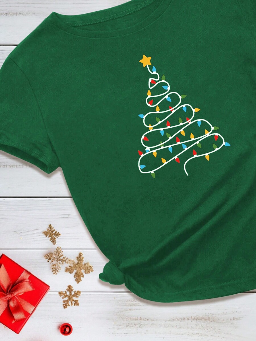 Plus Size Women's Christmas Tree Printed Short Sleeve Tshirt SHEIN ASIA