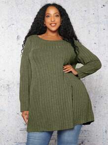 SHEIN CURVE+ Plus Size Women's Split Hem Longline Distressed T-shirt - Army Green - View 6