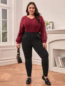 SHEIN Frenchy Plus Size High Waist Rivet Leggings With Pockets And Button Decor - Black - View 5