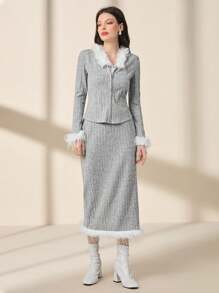 Modelyn Conjunto De Falda Y Top De Punto Con Cremallera De Canalé De Fuzzy Decor - Gris - Ver 3