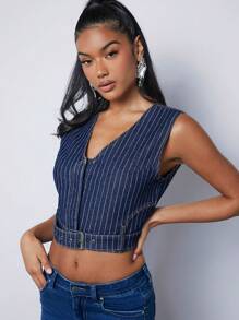 Denimoi 细条纹腰带扣无袖牛仔上衣 - 深色水洗藍 - 查看 6