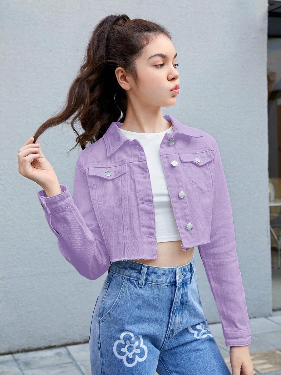 SHEIN Chaquetas De Mezclilla Con Manga Larga Deshilachada Para Adolescentes - Morado - Ver 1