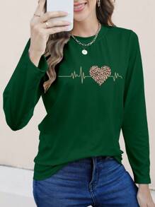 INAWLY 女士豹纹心形印花 T 恤 图案猎豹印花 T 恤 女士上衣 - 墨綠色 - 查看 4