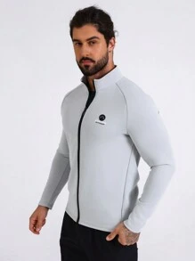 Manfinity Fitness Boyfriend Style Men's Letter Print Zipper Front Stand Collar Sports Jacket Workout Tops Sports Jacket - Light Grey - View 4