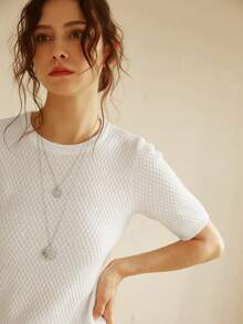 Knit Mix Women's Spring/Summer Knitted French Commuter Solid Color Round Neck Short Sleeve Floral Regular Fitted T-Shirt (Floral Pattern Random)