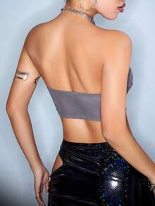 SHEIN ICON 女士鑽石鑲嵌圓形鏈條無肩帶上衣 - 灰色 - 查看 2