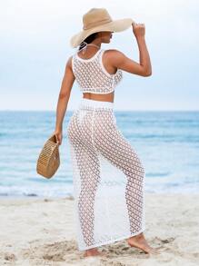 SHEIN Swim Conjunto de cubre-traje de baño de verano y top tipo camiseta sin traje de baño - Blanco - Ver 2