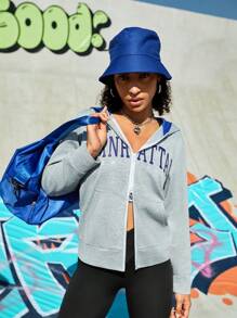 Streetz SHEIN Sport Text Printed Zipper Hooded Sports Sweatshirt - Grey - View 7
