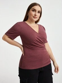 SHEIN Essnce Women's Plus Size V-neck Ruched T-shirt - Burgundy - View 3