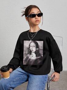 少女休闲肖像图案圆领长袖运动衫，适合秋冬季