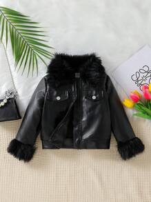 SHEIN Little Girls' Cool Faux Leather Jacket With Furry Collar For Autumn - Black - View 1