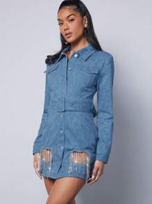 Denimoi Rhinestone Fringe Heart Button Front Shirt Denim Dress - Light Wash - View 5