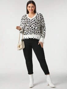 SHEIN Unity Plus Size Women's Leopard Print Hem Distressed Sweater - Multicolor - View 3