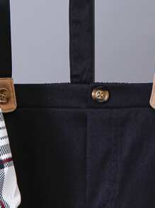 SHEIN 幼童男孩學院風格格紋折領襯衫和工裝背帶套裝 - 彩色 - 查看 3