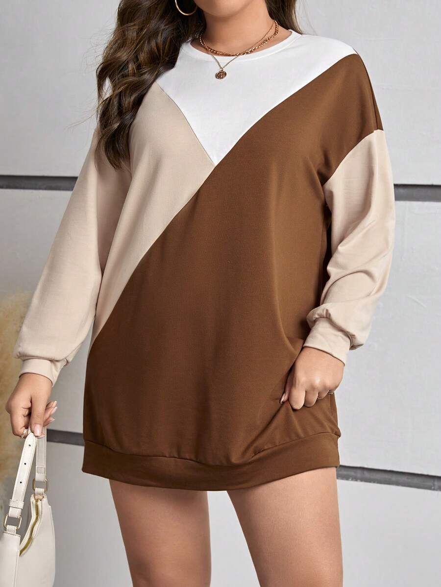 SHEIN Essnce 女款大尺碼拼色落肩運動衫 - 棕色 - 查看 1