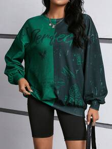 SHEIN EZwear 蝴蝶和文本印花拼色針織休閒運動衫 - 綠色 - 查看 6
