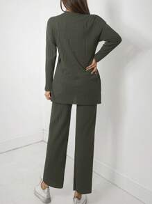 Drop Shoulder Split Hem Tee & Pants - xanh quân đội - Xem 2