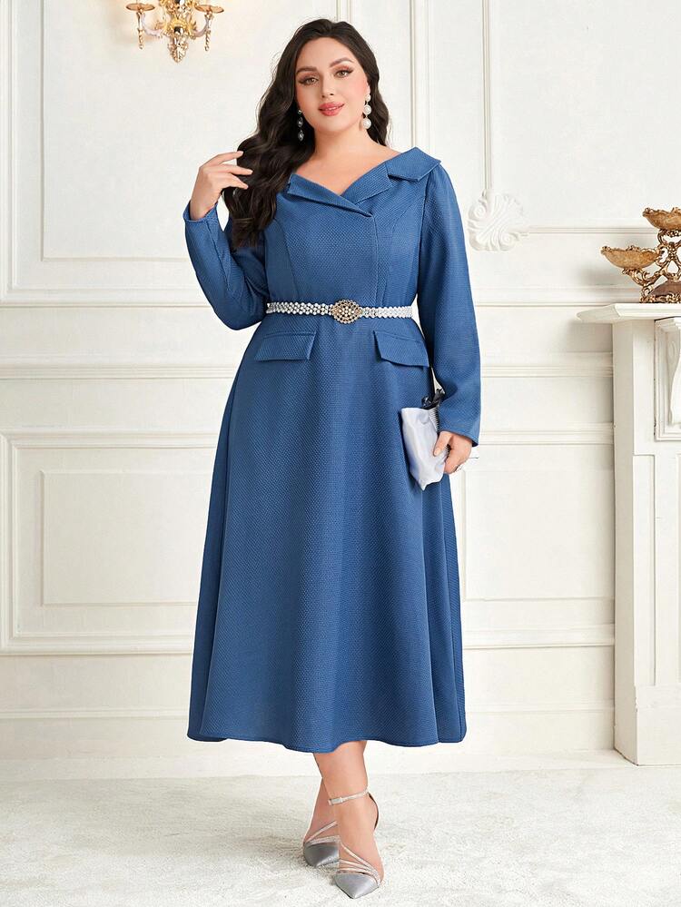 Plus Size Long Sleeve Flip Detail Dress Without Belt