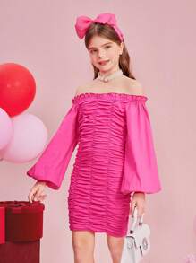 SHEIN Tween Girls' Knitted Solid Color Off Shoulder Dress With Ruched For Elegant Look