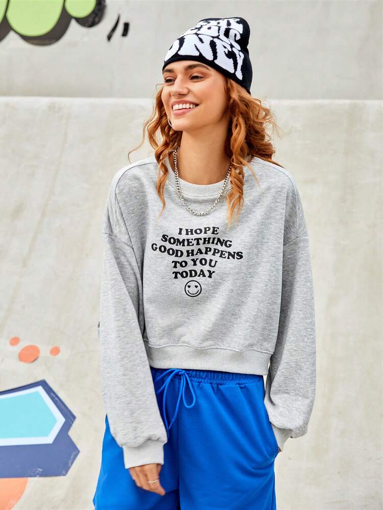 Women'S Drop Shoulder Sports Sweatshirt With Printed Slogan And Smiling Face