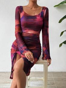 SHEIN Privé Của phụ nữ Nhuộm buộc Dây rút & Viền mép Đầm - Nhiều màu - Xem 3