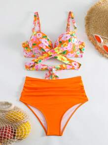 SHEIN Swim Ensemble de bikini à fleurs à volants avec croisement - Multicolore - Voir 3