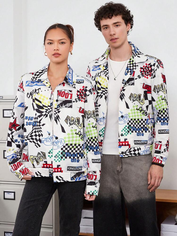 1pc Loose Fit All Over Printed Woven Jacket, For Fall Winter