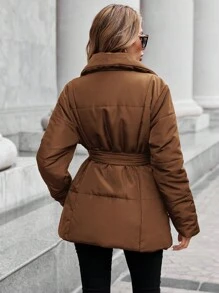 SHEIN Clasi Women's Solid Color Belted Padded Coat - Brown - View 2