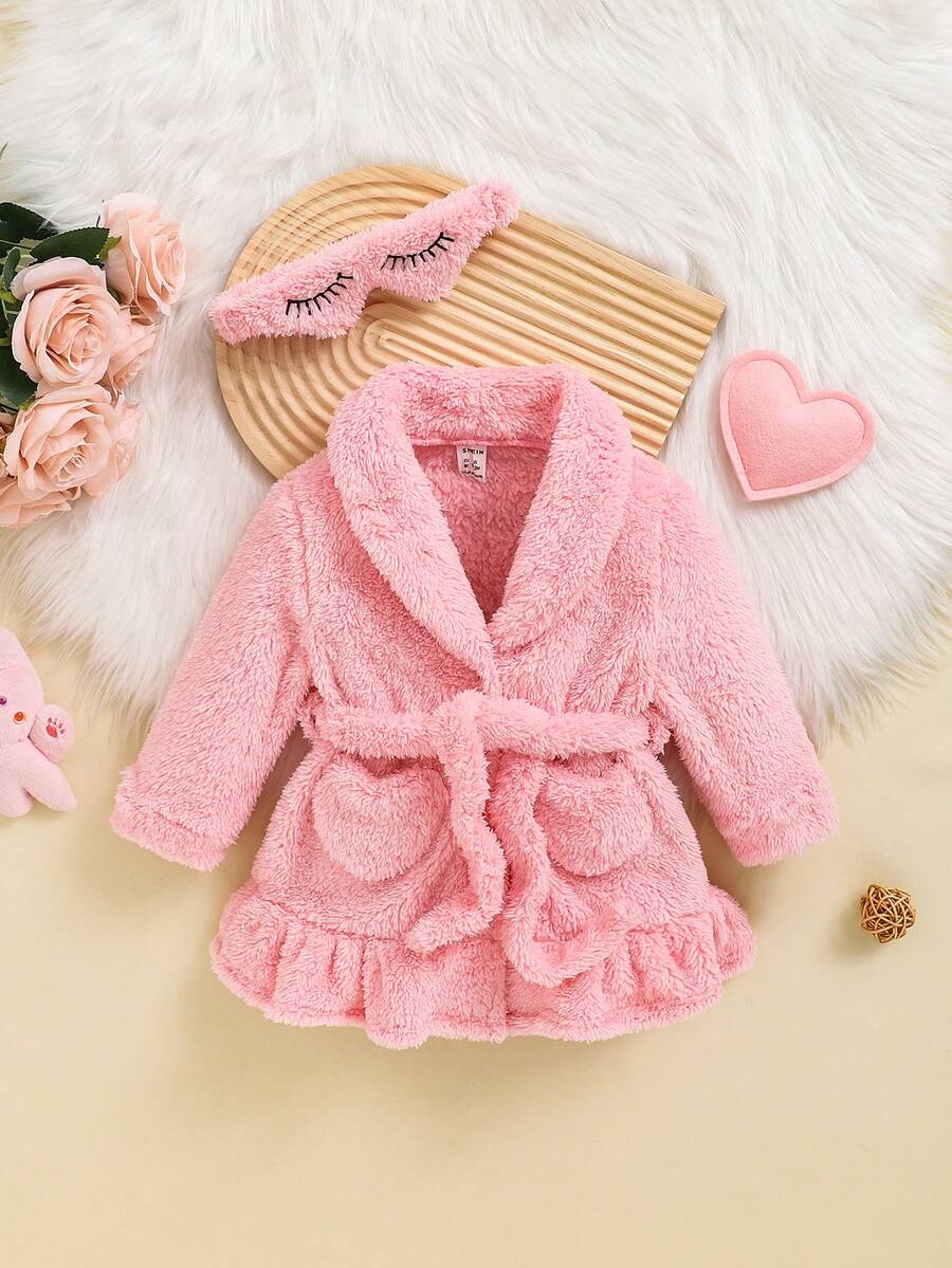SHEIN 嬰兒女孩休閒粉色柔軟中長款家居外套和頭箍套裝 - 粉色 - 查看 1