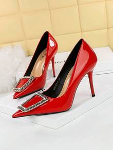 European And American Party High Heels Women Shoes With Metallic Big Rhinestone Buckle, Patent Leather, Pointed Toe - Red - View 4