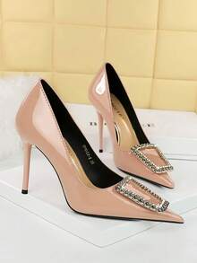 European And American Style Patent Leather High Heels For Women, Pointed Toe With Metal Decor & Large Rhinestone Buckle For Banquet - Apricot - View 2