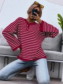 Chiquease Của phụ nữ Sọc Thả vai Áo len - Đỏ - Xem 4