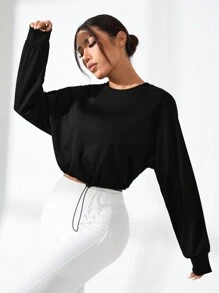 Easithlete 抽绳下摆插肩袖短款运动卫衣 秋季卫衣 - 黑色 - 查看 5