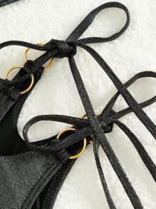 Women'S Metallic Texture Decorations Swimwear Set - Black - View 7