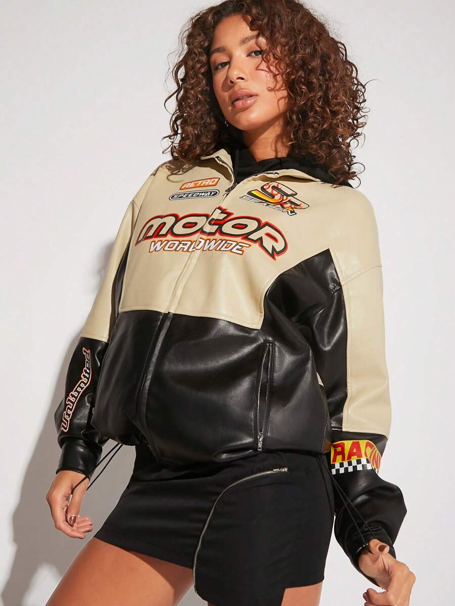 Hauture Racing Graphic Hooded PU Leather Jacket - Multicolor - View 1